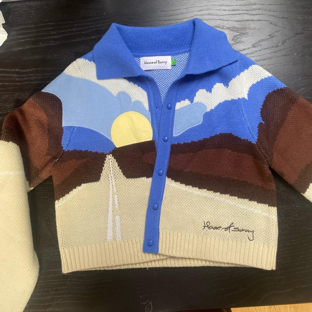 House of Sunny Blue and Brown Scenic Cardigan - Picture 2 of 3